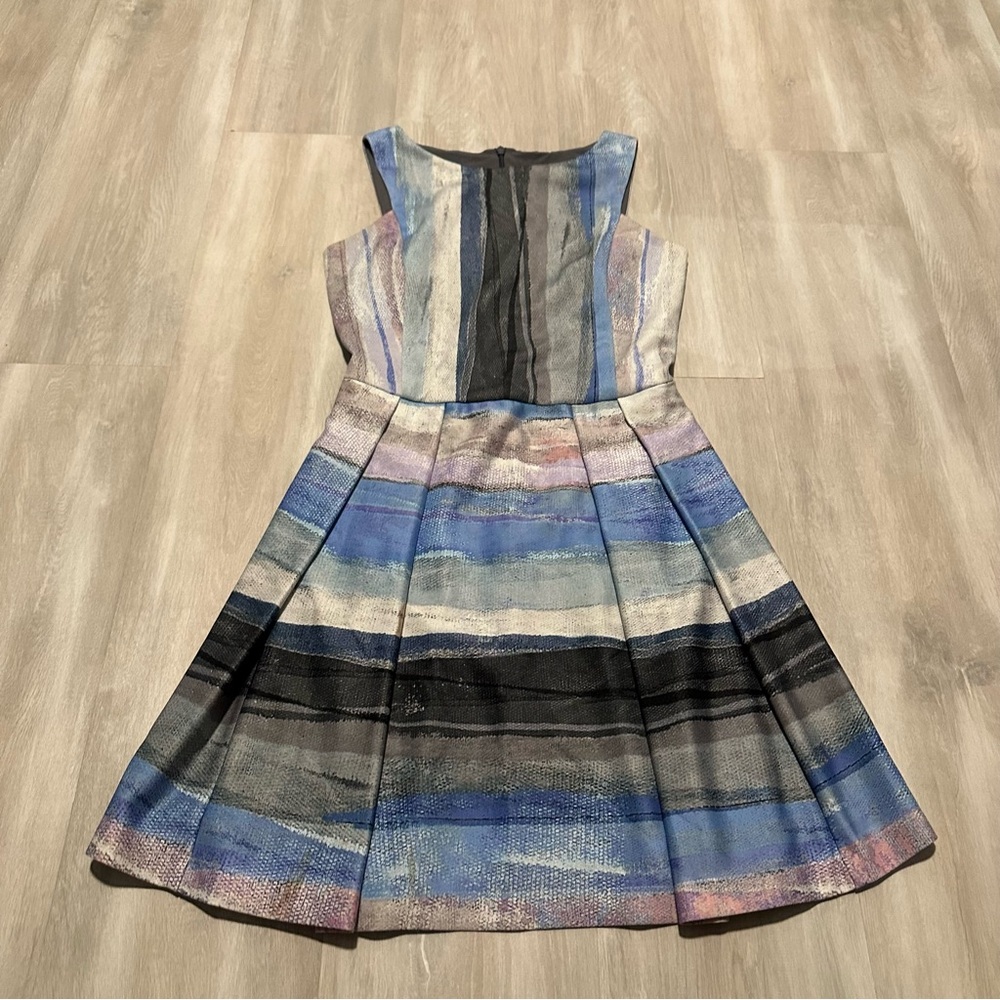 Black Halo Purple Blue Multicolor Pleated Striped Sleevelesss Dress Sz 4